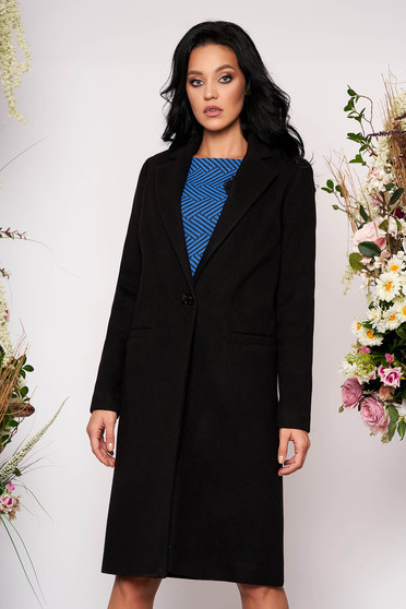 Palton LaDonna negru basic cu un croi drept din lana captusit pe interior cu buzunare