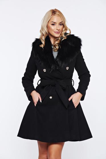 LaDonna elegant black coat from wool with detachable faux fur insertions