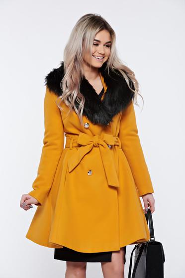 LaDonna elegant mustard coat from wool with detachable faux fur insertions
