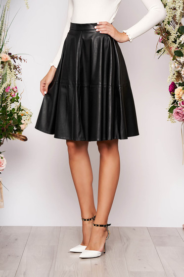 Fusta StarShinerS neagra midi casual din piele ecologica in clos cu talie inalta