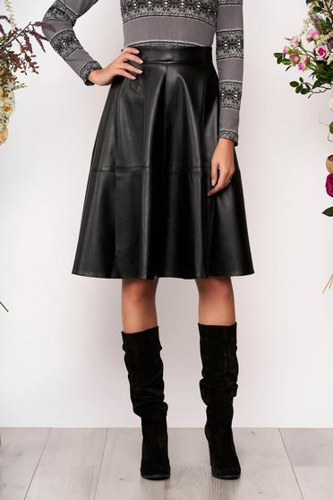 Fusta StarShinerS neagra midi casual din piele ecologica in clos cu talie inalta