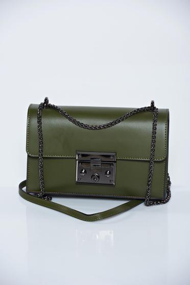 Green natural leather casual bag metallic chain accessory