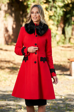 Palton StarShinerS rosu best impulse elegant din lana cu insertii de broderie captusit pe interior