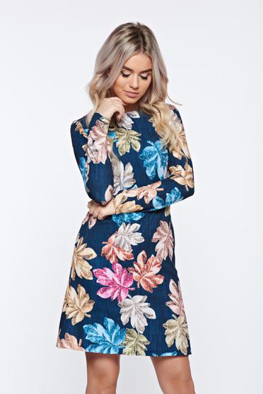 Rochie Fofy albastra-inchis cu print de zi cu un croi in a cu buzunare