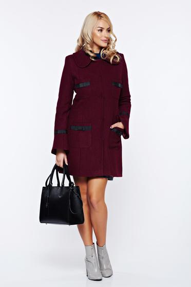 LaDonna elegant straight with round collar with bow accessories burgundy coat from wool