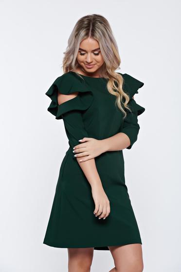 Rochie LaDonna verde-inchis cu croi in a de zi din stofa usor elastica cu volanase la maneca