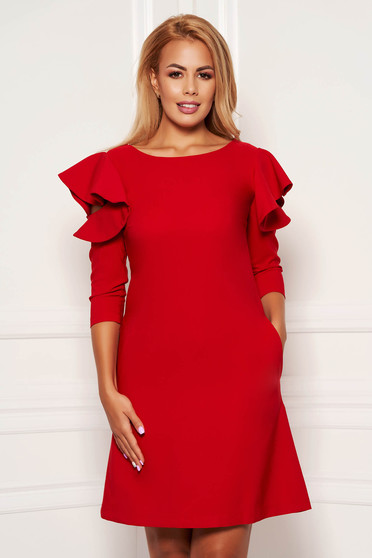Rochie LaDonna rosie eleganta de zi din stofa usor elastica cu croi in a si volanase la maneca