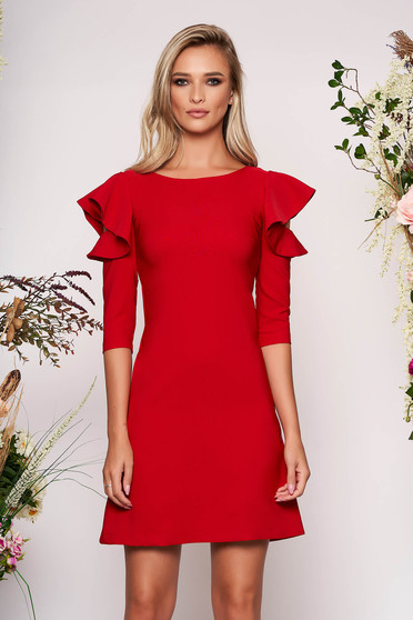 Rochie LaDonna rosie eleganta de zi din stofa usor elastica cu croi in a si volanase la maneca