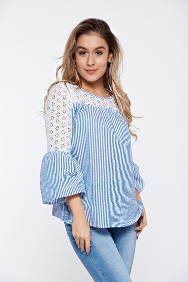 LaDonna casual cotton lightblue women`s blouse with stripes with bell sleeve