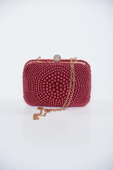 Geanta dama rosie de ocazie cu aplicatii cu perle accesorizata cu lantisor