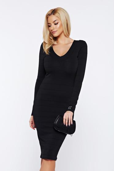 Black daily long sleeved pencil dress with a cleavage