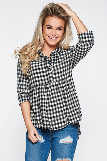 Black casual flared women`s shirt with chequers