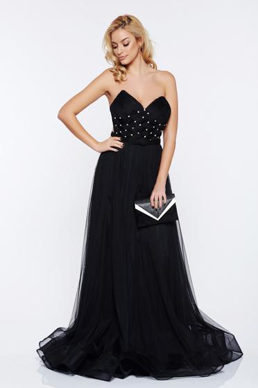 Rochie Ana Radu neagra de lux tip corset din tul captusita pe interior cu pietre strass de ocazie
