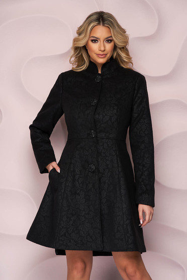 Paltoane Dama in Clos negru, Palton Artista negru elegant scurt din jaquard in clos cu umerii buretati - StarShinerS.ro
