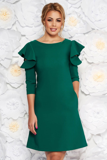 Rochie LaDonna verde-deschis de zi cu croi in A din stofa usor elastica cu volanase la maneca