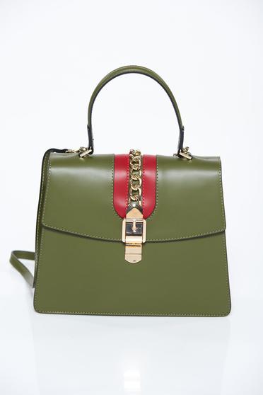 Darkgreen bag office natural leather metallic chain accessory