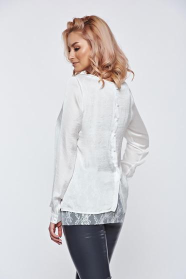PrettyGirl white women`s blouse elegant from satin fabric texture flared