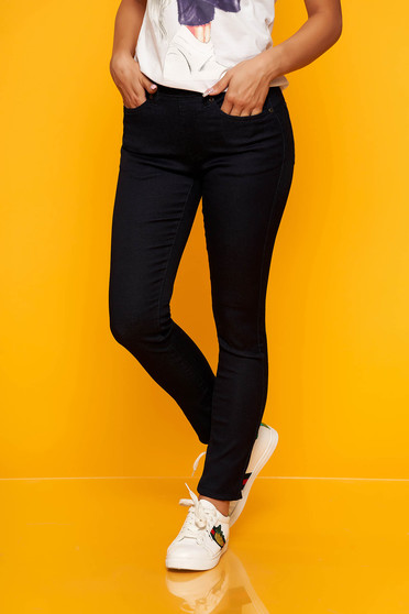 Blugi Top Secret albastru-inchis casual skinny cu talie medie cu elastic in talie
