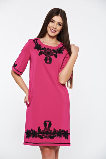 LaDonna pink straight dress with pockets with embroidery details elegant slightly elastic fabric
