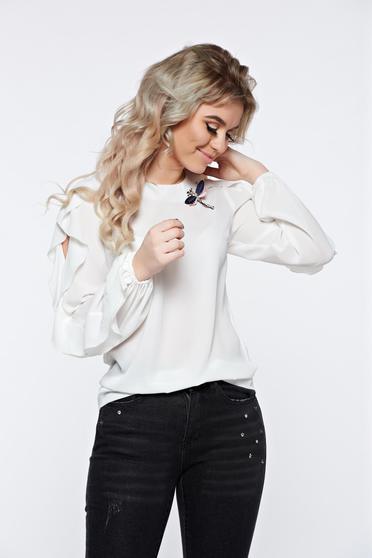 LaDonna white women`s blouse elegant accessorized with breastpin airy fabric