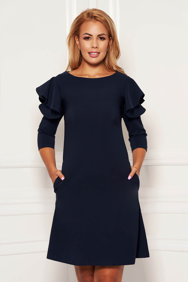 Rochie LaDonna albastru-inchis eleganta de zi din stofa usor elastica cu croi in a si volanase la maneca