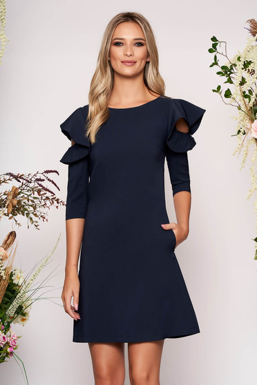 Rochie LaDonna albastru-inchis eleganta de zi din stofa usor elastica cu croi in a si volanase la maneca