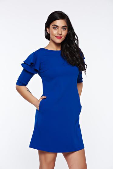 Rochie LaDonna albastra cu croi in a de zi din stofa usor elastica cu volanase la maneca