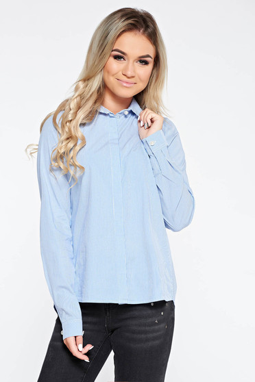 PrettyGirl blue women`s shirt casual flared cotton with pointed collar