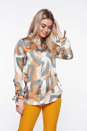 PrettyGirl white women`s shirt flared with pointed collar from satin fabric texture