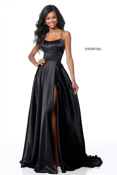 Rochie Sherri Hill neagra de lux lunga din material satinat croi in clos cu bretele