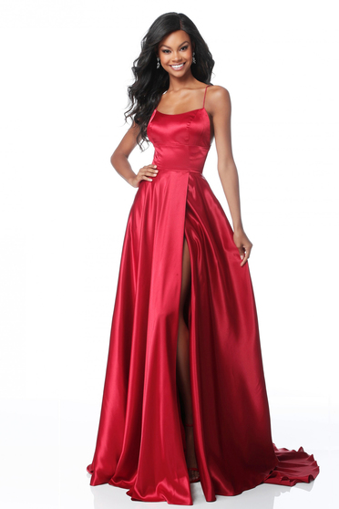 Rochie Sherri Hill corai de lux lunga din material satinat croi in clos cu bretele