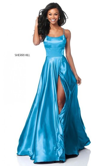 Rochie Sherri Hill turcoaz de lux lunga din material satinat croi in clos cu bretele
