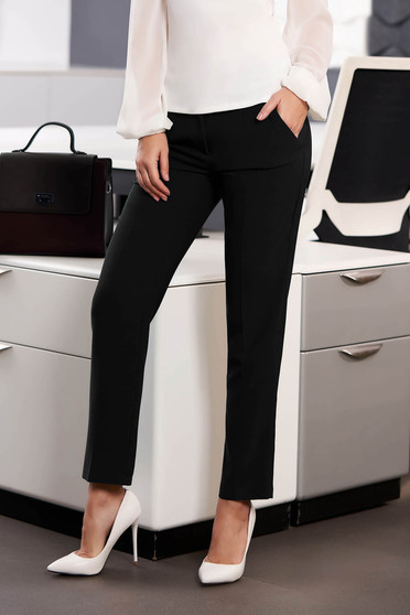 Pantaloni StarShinerS negri office cu un croi drept din stofa usor elastica cu talie medie si buzunare