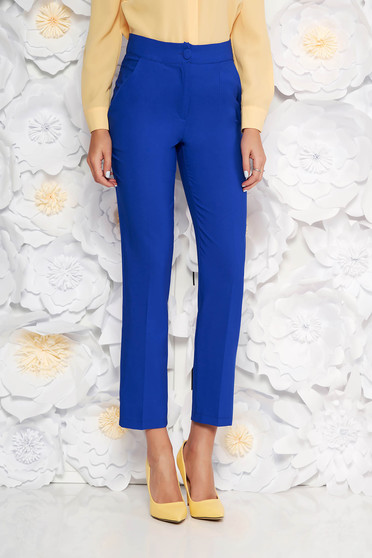 Pantaloni Artista albastri office cu un croi drept cu talie medie din stofa usor elastica cu buzunare