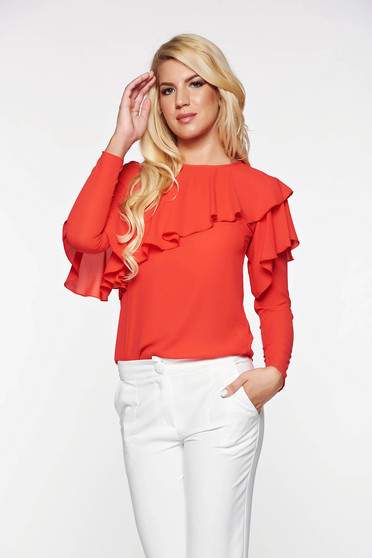 LaDonna red women`s blouse elegant with easy cut airy fabric with ruffles on the chest