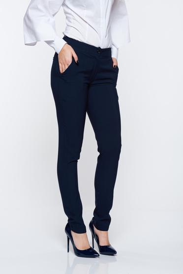 Pantaloni LaDonna albastri-inchis office conici cu talie medie din material usor elastic