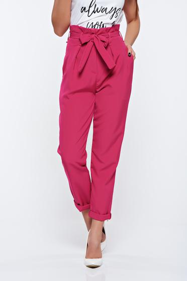 Pantaloni SunShine roz casual cu talie inalta din material usor elastic cu buzunare