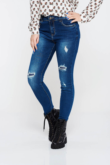 Darkblue jeans skinny jeans with ruptures cotton with medium waist