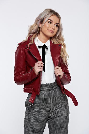 Burgundy jacket from ecological leather with pockets metallic buckle