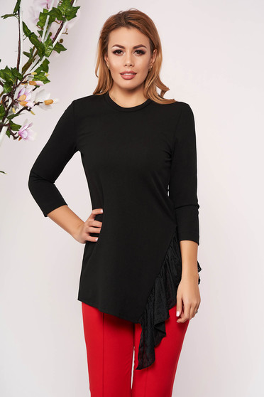 Bluza dama StarShinerS neagra eleganta cu croi larg asimetrica din material elastic cu volanase si maneci trei-sferturi