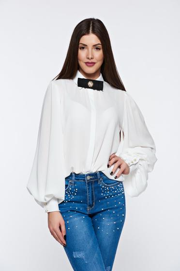 PrettyGirl white women`s shirt elegant flared airy fabric with puffed sleeves