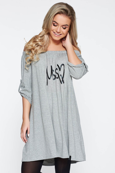 MissQ grey casual dress flared from elastic fabric with print details
