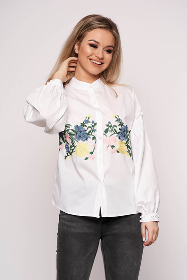 White women`s shirt casual cotton embroidered with puffed sleeves