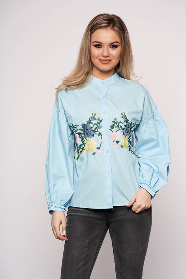 Camasa dama SunShine albastra casual brodata din bumbac cu maneci bufante