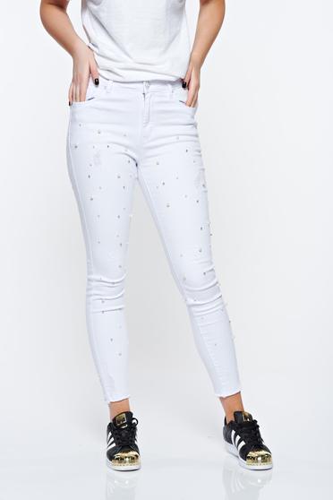 White jeans skinny jeans with pearls with medium waist elastic cotton