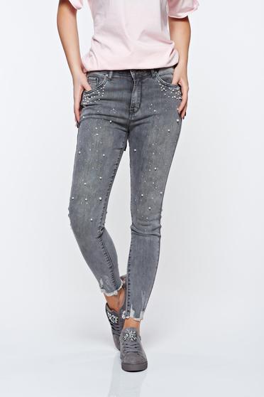 Grey jeans skinny jeans with pearls with medium waist elastic cotton