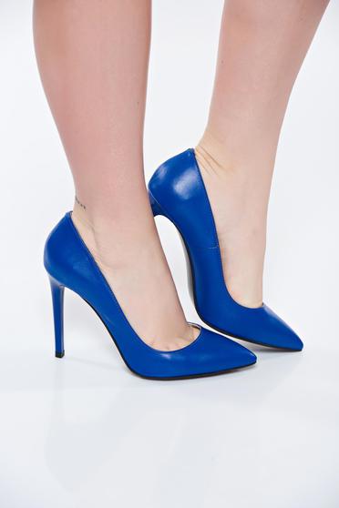Pantofi stiletto albastri din piele naturala cu toc inalt cu varful usor ascutit