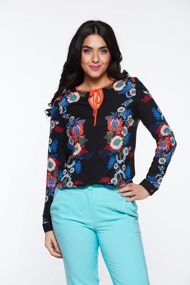 PrettyGirl black flared women`s blouse airy fabric with floral prints