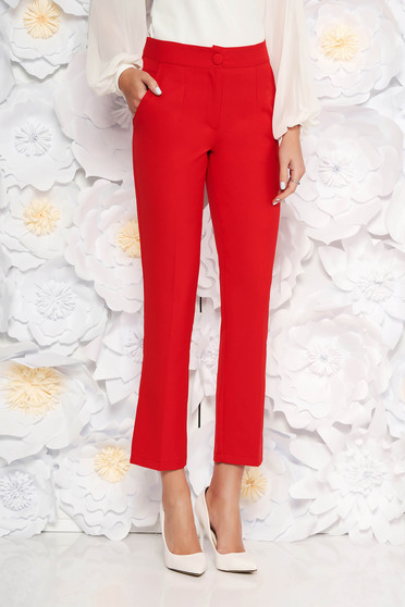 Pantaloni Artista rosii office cu un croi drept cu talie medie din stofa usor elastica cu buzunare