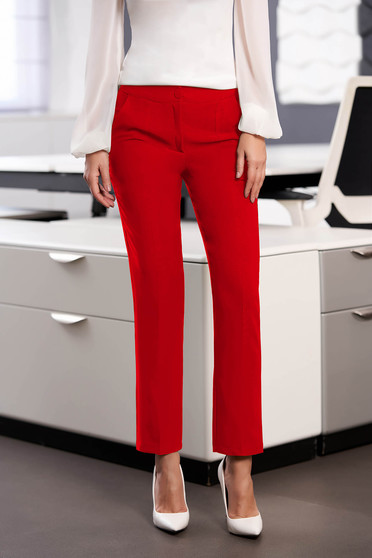 Pantaloni StarShinerS rosii office cu un croi drept din stofa usor elastica cu talie medie si buzunare
